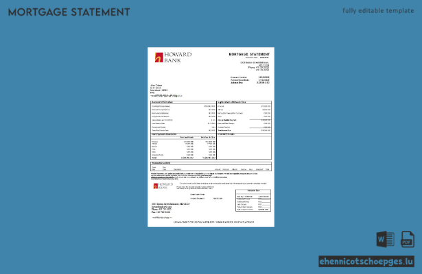 USA Maryland Howard Business Bank Hypothekenabrechnung in Word- und PDF-Formaten – Beispielvorschau